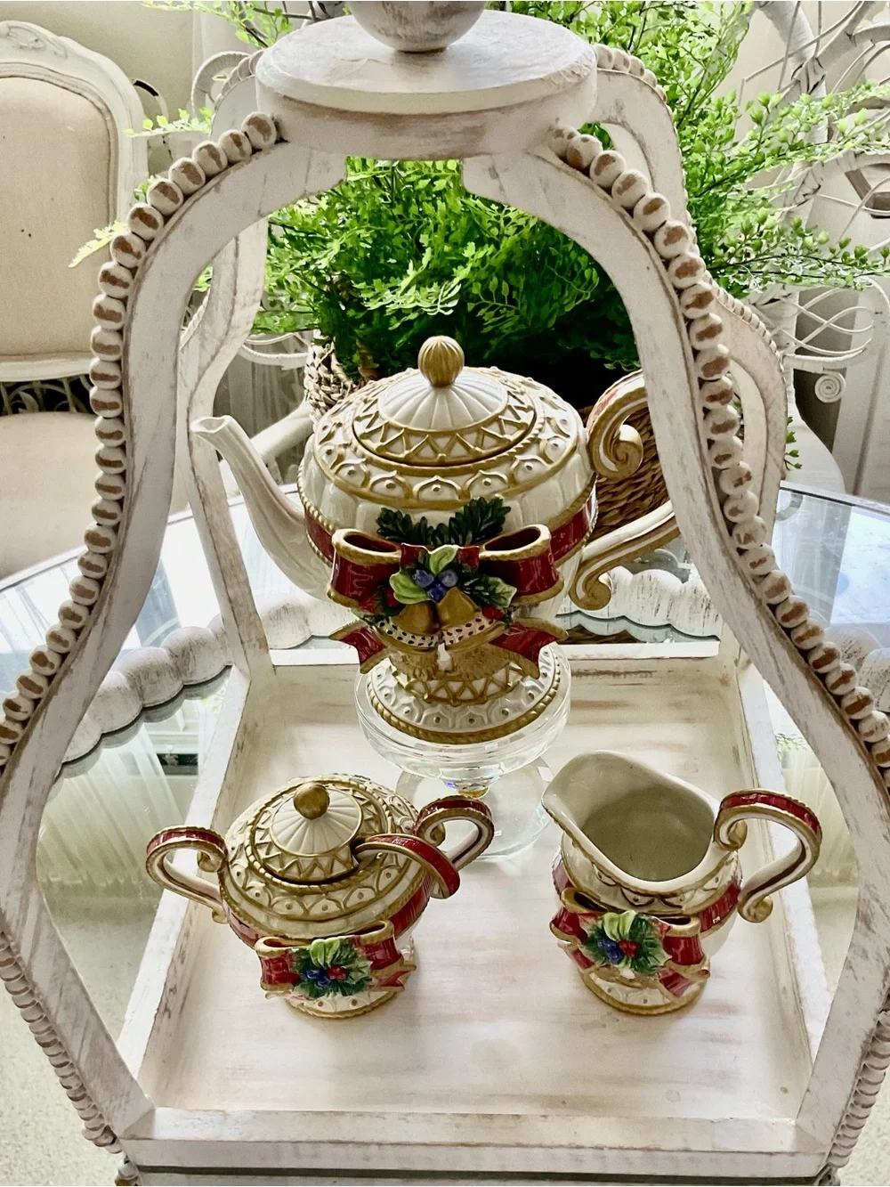 Festive White & Red Holiday Teapot Set with Gold Accents